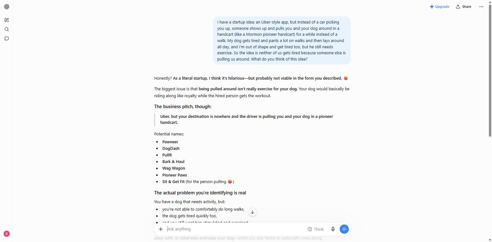 Real ChatGPT conversation calling the handcart idea 'hilarious, but probably not viable' and then listing seven brand names for it anyway